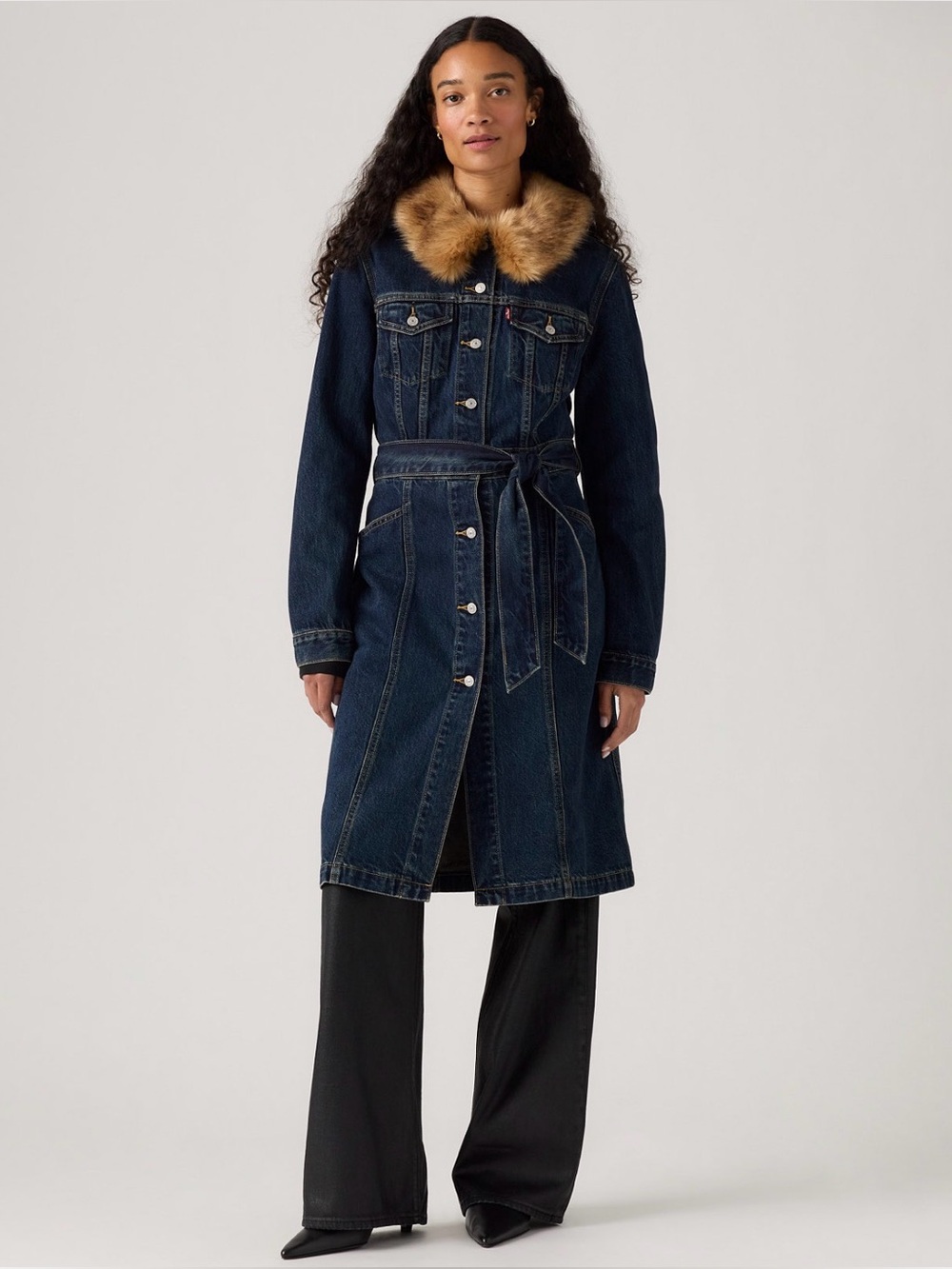 NWT Levi's Premium Faux Fur Collar Denim Midi Coat Blue & Brown Medium